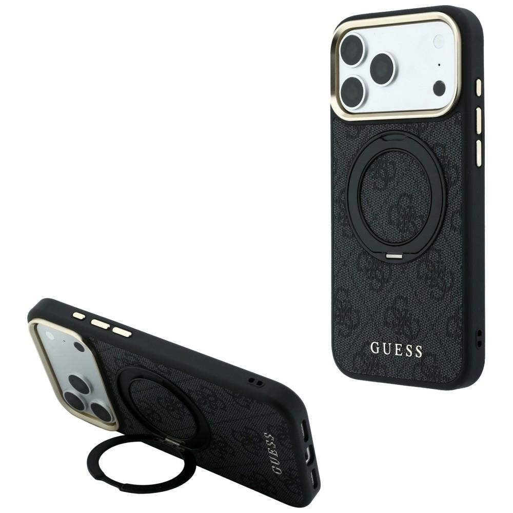 Handyhülle für iPhone 18 Pro / 17 Pro, Guess Ring Stand 360 4G Classic Logo mit MagSafe, Schwarz