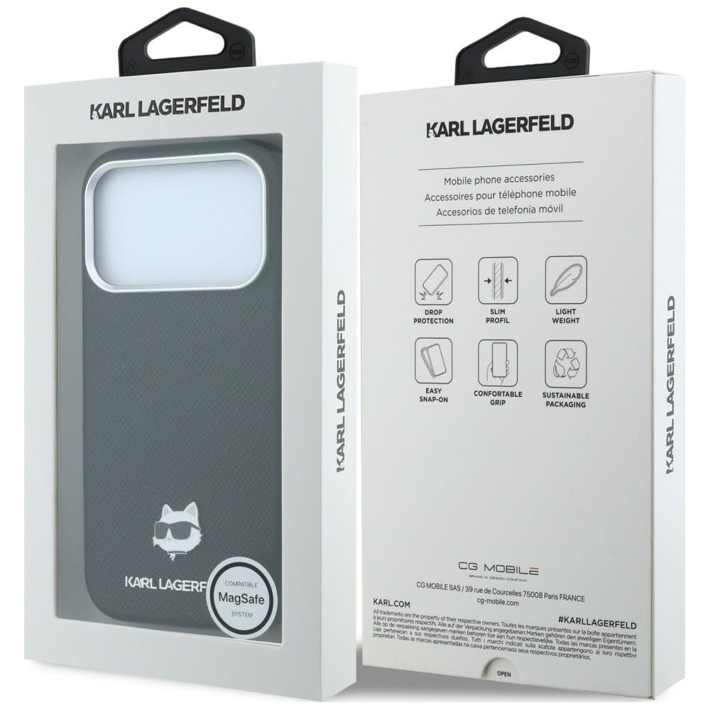 Handyhülle für iPhone 18 Pro / 17 Pro, Karl Lagerfeld Grained Choupette Head Metal mit MagSafe, Schwarz