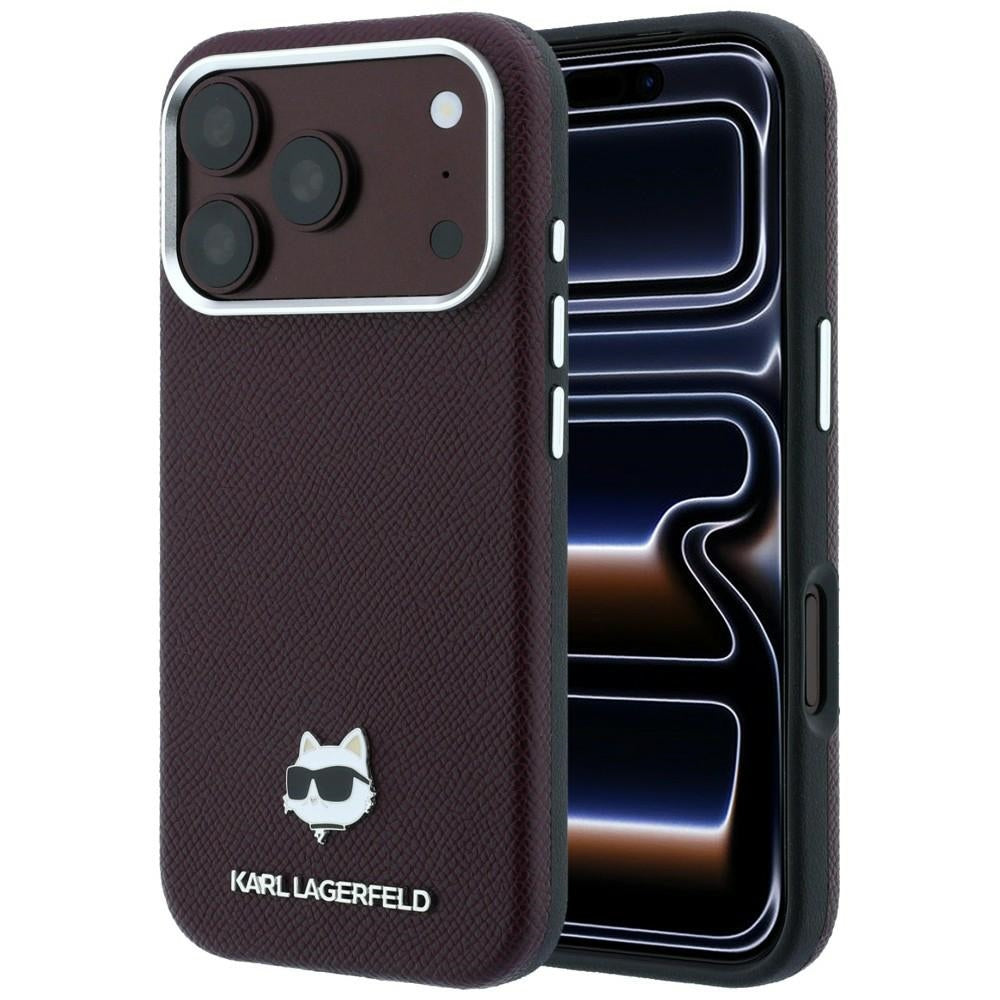 Handyhülle für iPhone 18 Pro / 17 Pro, Karl Lagerfeld Grained Choupette Head Metal mit MagSafe, Burgunderrot