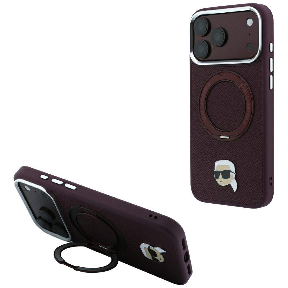 Karl Lagerfeld Handyhülle Ring Stand 360 Karl Head Pin do MagSafe für iPhone 18 Pro Max / 17 Pro Max, Burgundy (1/8)