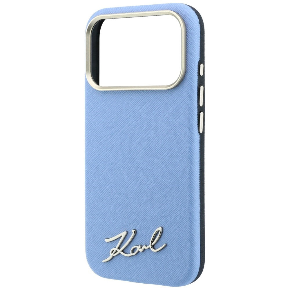 Handyhülle für iPhone 18 Pro / 17 Pro, Karl Lagerfeld Saffiano Small Script Metal Logo mit MagSafe, Blau