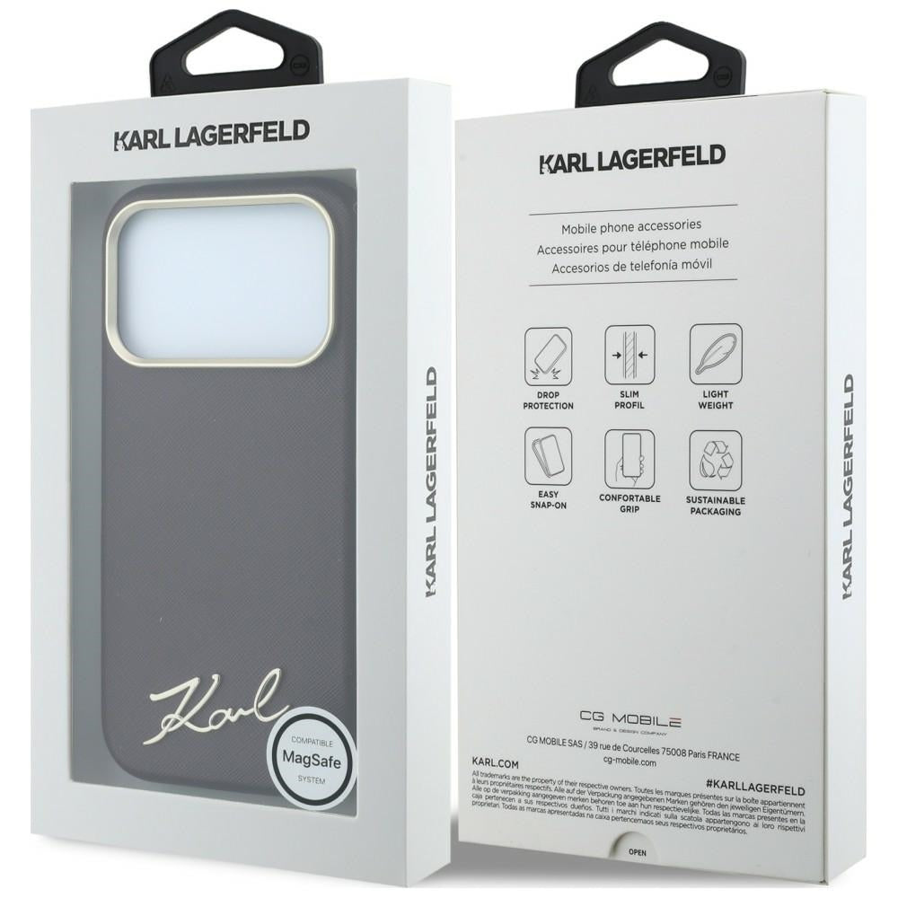 Handyhülle für iPhone 18 Pro / 17 Pro, Karl Lagerfeld Saffiano Small Script Metal Logo mit MagSafe, Burgunderrot