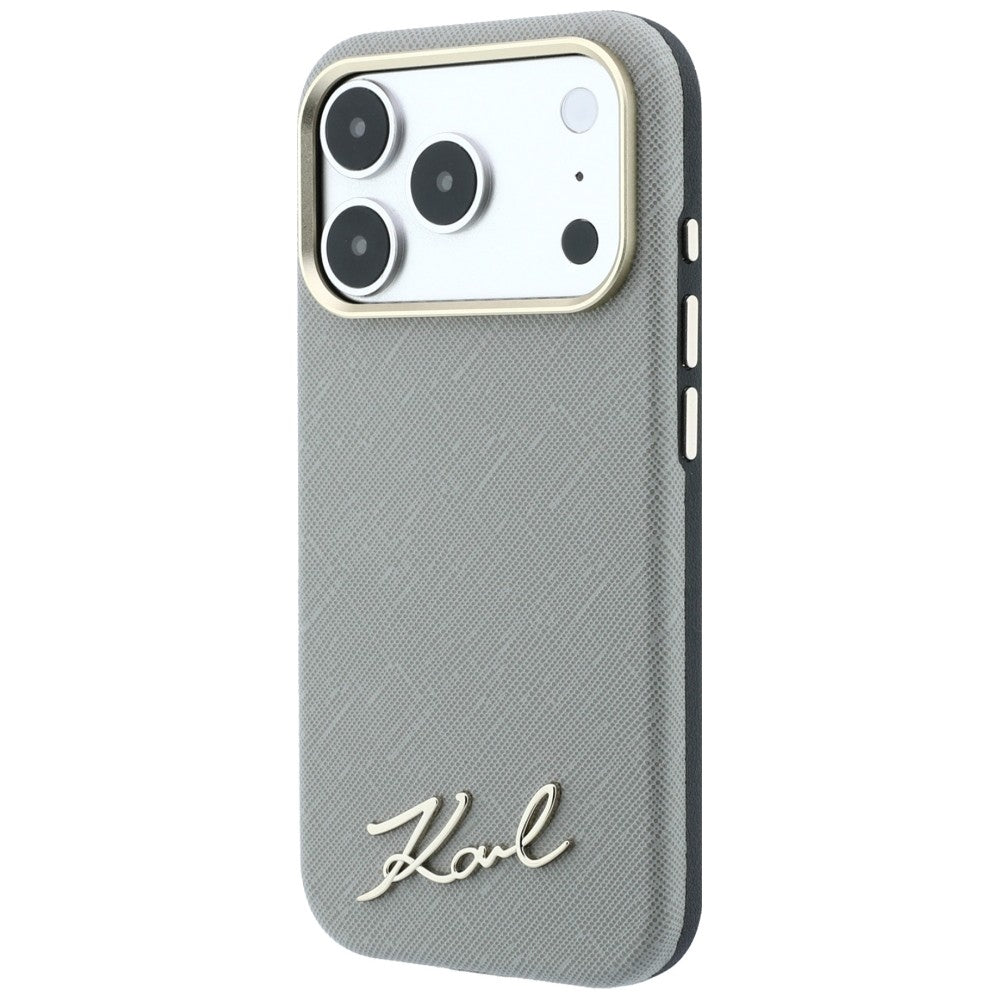 Handyhülle für iPhone 18 Pro Max / 17 Pro Max, Karl Lagerfeld Saffiano Small Script Metal Logo mit MagSafe, Beige