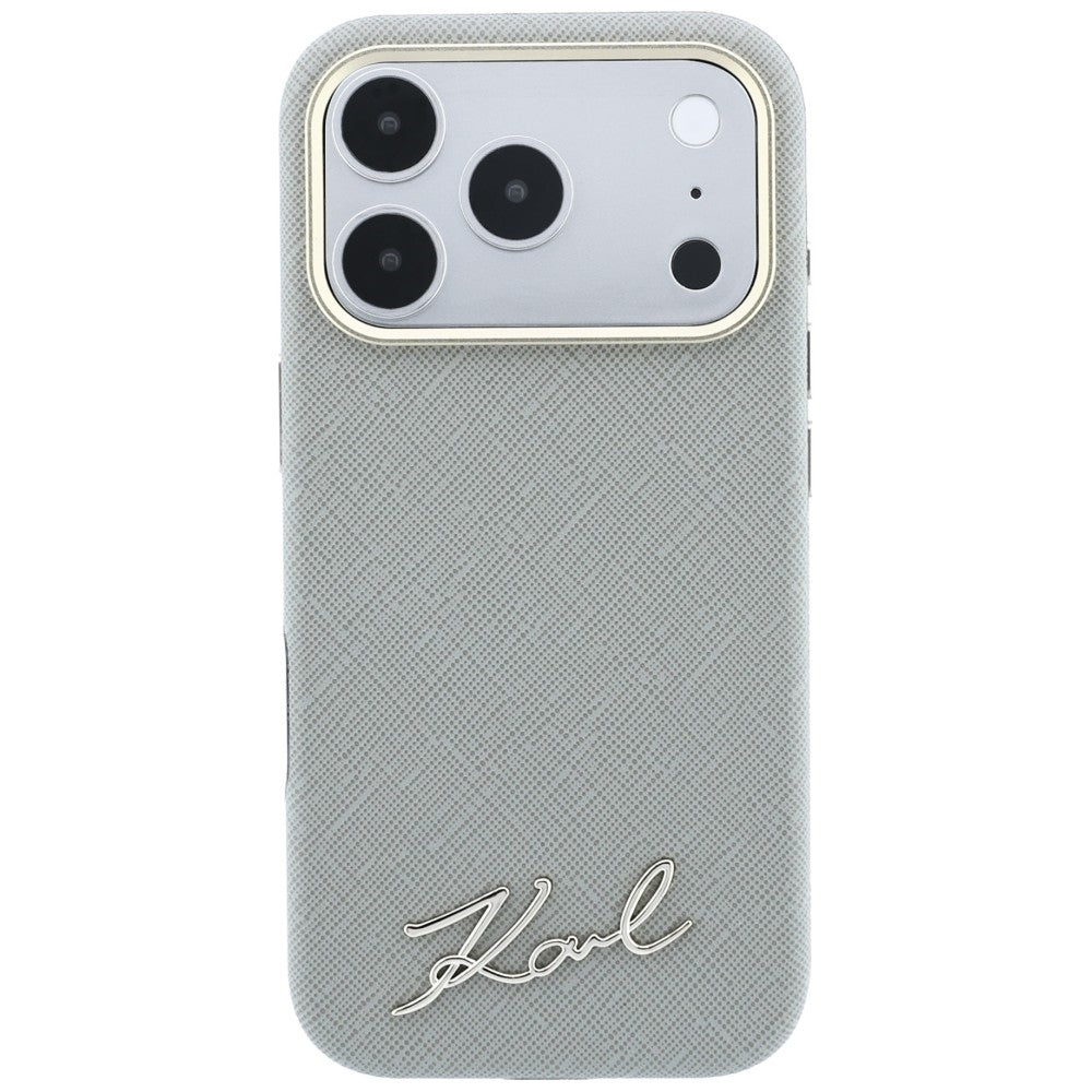 Handyhülle für iPhone 18 Pro Max / 17 Pro Max, Karl Lagerfeld Saffiano Small Script Metal Logo mit MagSafe, Beige