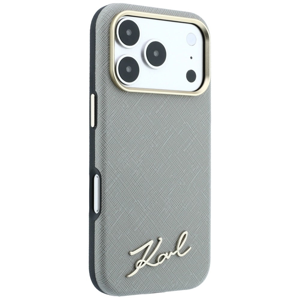 Handyhülle für iPhone 18 Pro Max / 17 Pro Max, Karl Lagerfeld Saffiano Small Script Metal Logo mit MagSafe, Beige