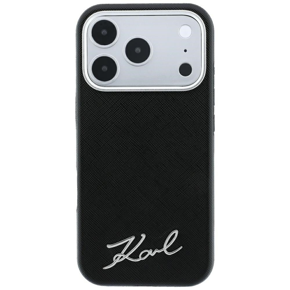 Handyhülle für iPhone 18 Pro Max / 17 Pro Max, Karl Lagerfeld Saffiano Small Script Metal Logo mit MagSafe, Schwarz