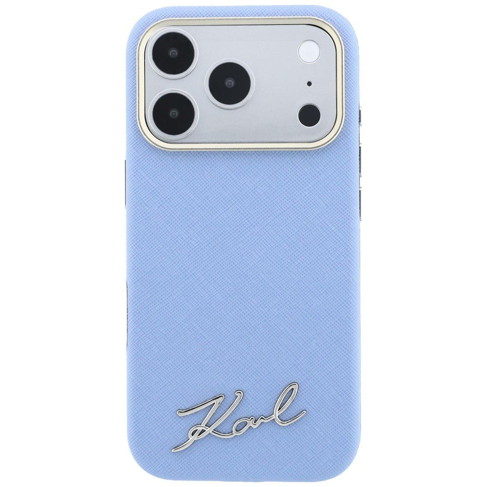 Handyhülle für iPhone 18 Pro Max / 17 Pro Max, Karl Lagerfeld Saffiano Small Script Metal Logo mit MagSafe, Blau