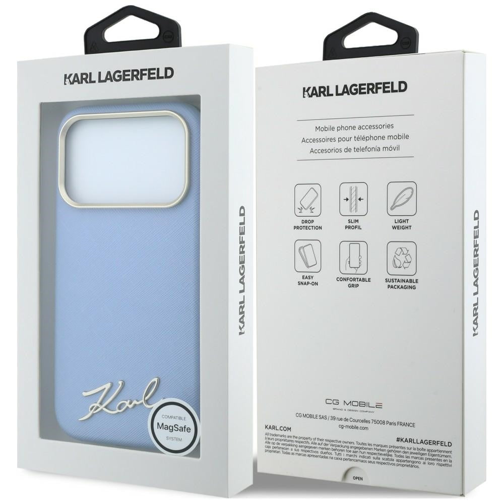 Handyhülle für iPhone 18 Pro Max / 17 Pro Max, Karl Lagerfeld Saffiano Small Script Metal Logo mit MagSafe, Blau