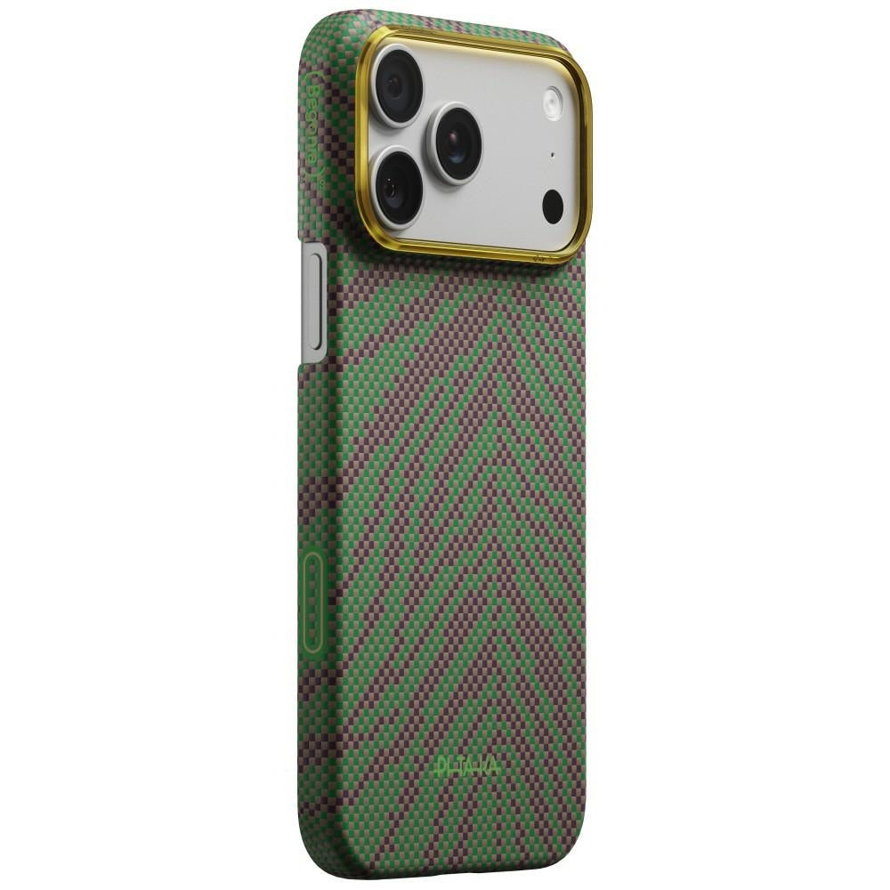 Aramid Handyhülle für iPhone 17 Pro Max, PITAKA Edge Ultra-Slim Case PitaTap mit MagSafe, Grün und Burgund mit muster (1/7)