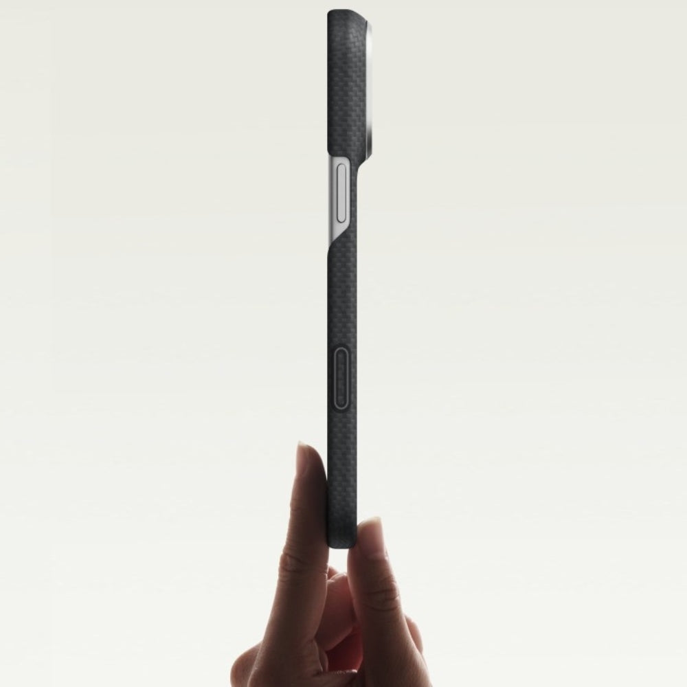 Aramid Handyhülle für iPhone 18 Pro / 17 Pro, PITAKA Edge Ultra-Slim Case PitaTap mit MagSafe, Schwarz und Grau mit Rautenmuster (8/9)