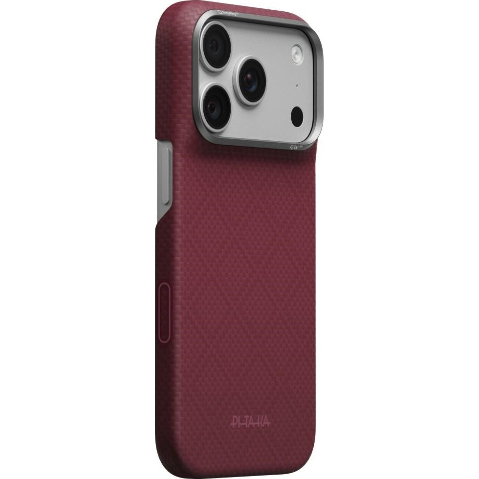 Aramid Handyhülle für iPhone 18 Pro / 17 Pro, PITAKA Edge Ultra-Slim Case PitaTap mit MagSafe, Burgunderrot mit Rautenmuster (1/10)