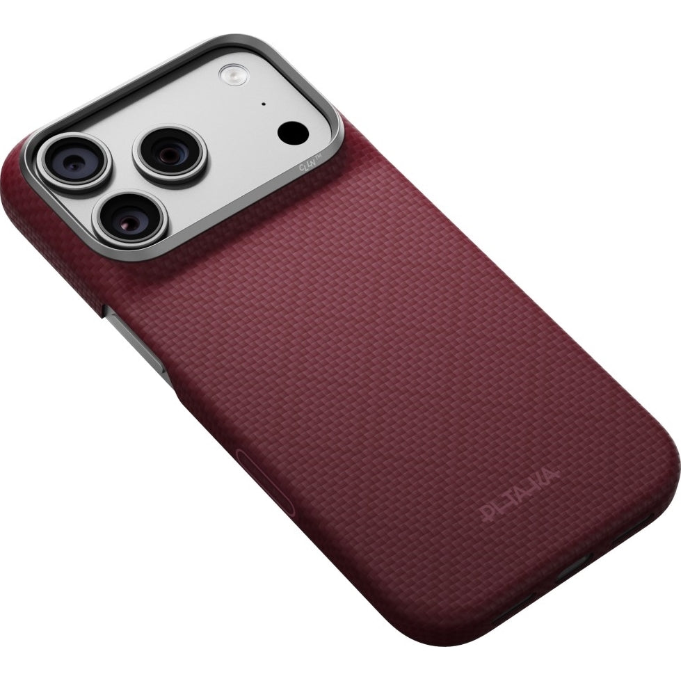 Aramid Handyhülle für iPhone 18 Pro / 17 Pro, PITAKA Edge Ultra-Slim Case PitaTap mit MagSafe, Burgunderrot mit Rautenmuster (3/10)