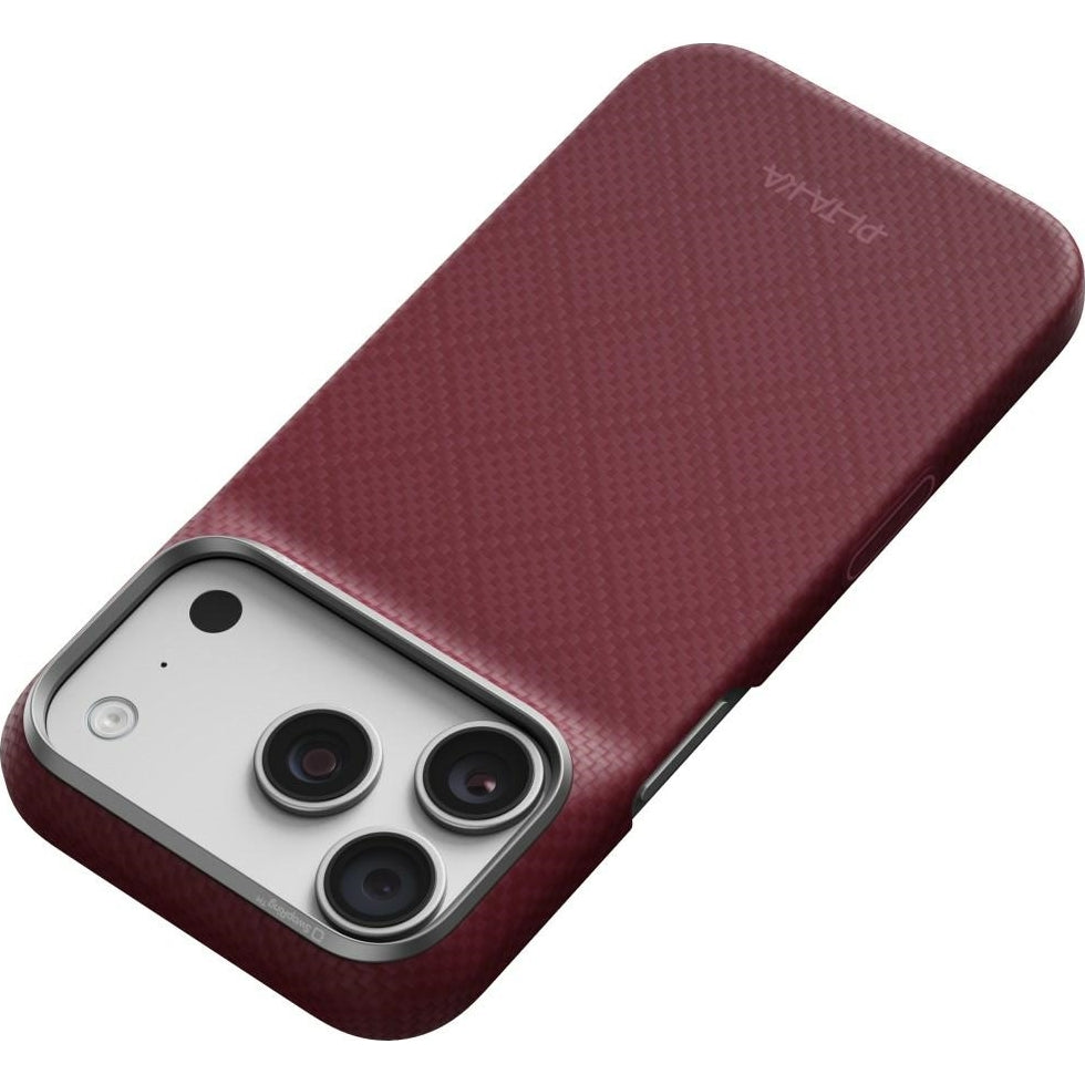 Aramid Handyhülle für iPhone 18 Pro Max / 17 Pro Max, PITAKA Edge Ultra-Slim Case PitaTap mit MagSafe, Burgunderrot mit Rautenmuster (6/10)