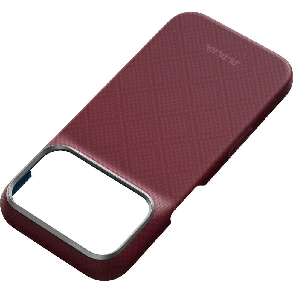 Aramid Handyhülle für iPhone 18 Pro Max / 17 Pro Max, PITAKA Edge Ultra-Slim Case PitaTap mit MagSafe, Burgunderrot mit Rautenmuster (7/10)