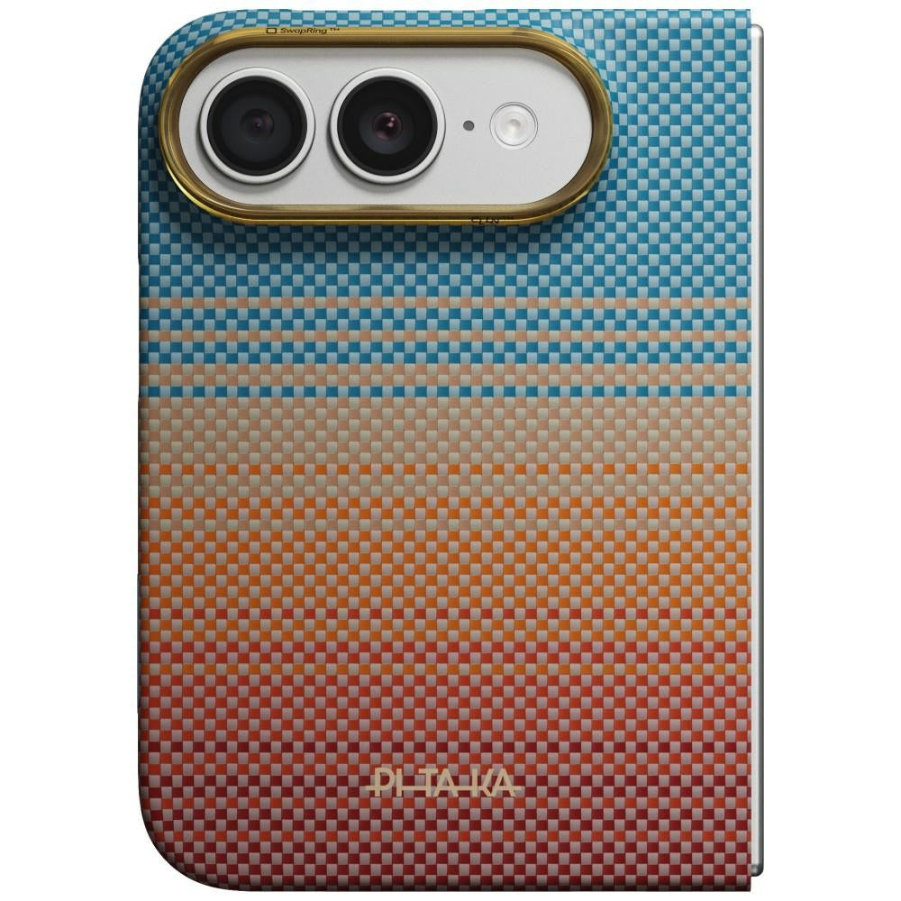Aramid Handyhülle für iPhone Duo, PITAKA Edge Ultra-Slim Case PitaTap mit MagSafe, Orange und Blau mit Kevlar (1/14)