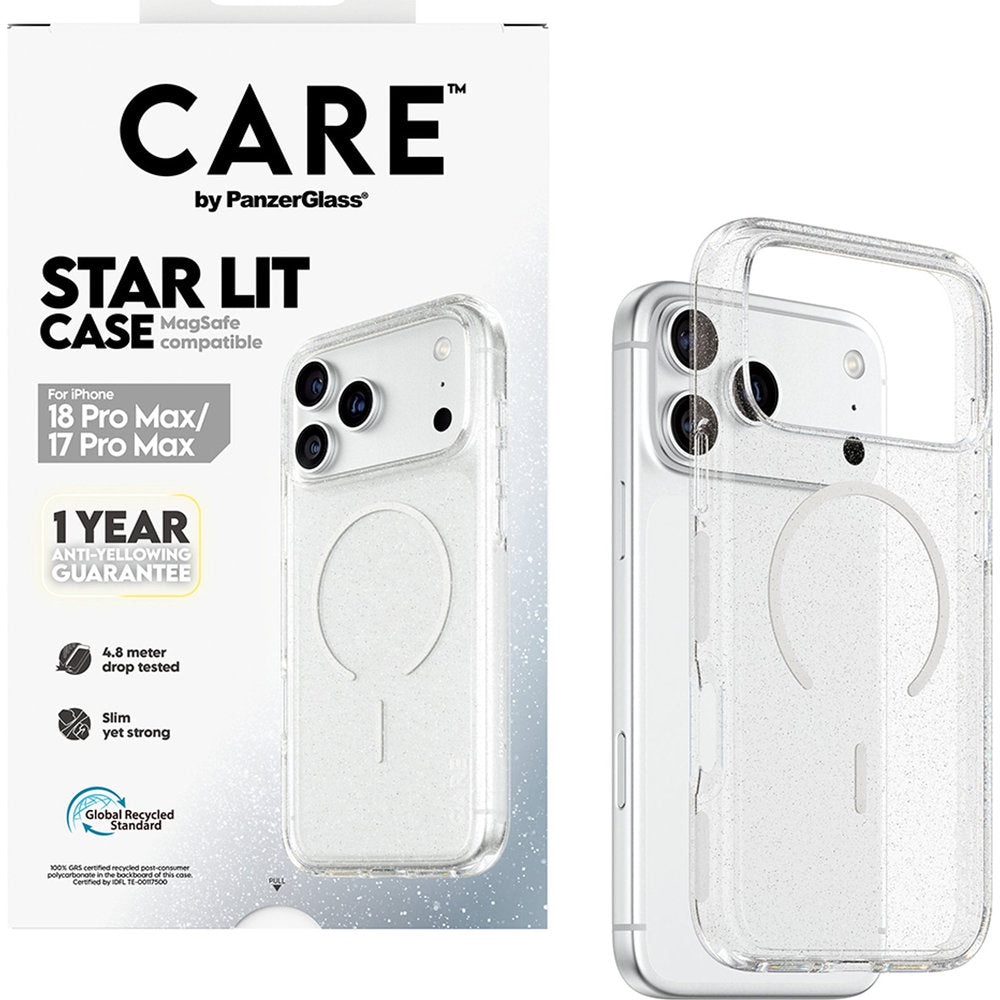 Handyhülle für iPhone 18 Pro Max / 17 Pro Max, CARE by PanzerGlass Flagship Star Lit Case mit MagSafe, Transparent mit Glitzer (5/6)