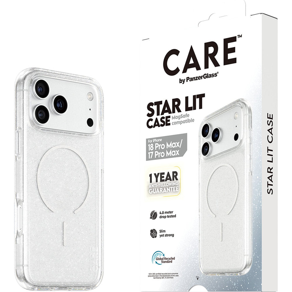 Handyhülle für iPhone 18 Pro Max / 17 Pro Max, CARE by PanzerGlass Flagship Star Lit Case mit MagSafe, Transparent mit Glitzer (6/6)