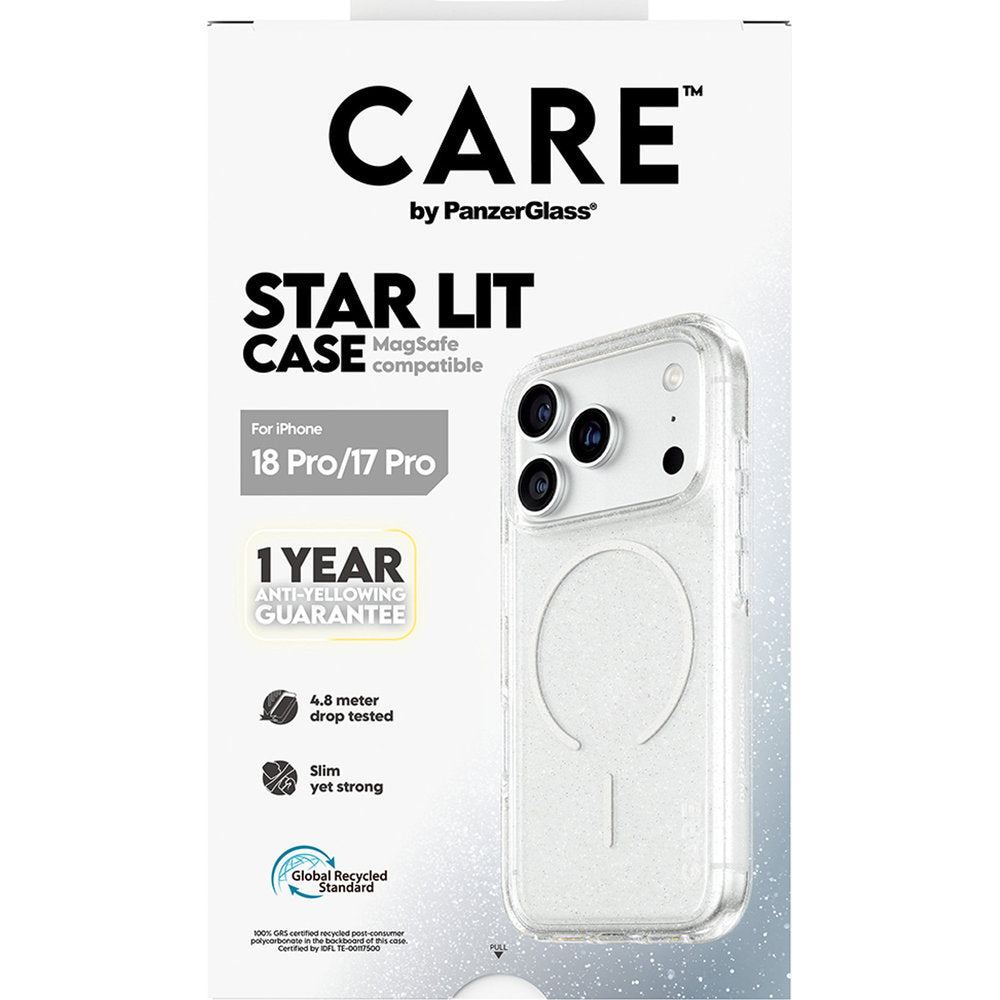 Handyhülle für iPhone 18 Pro / 17 Pro, CARE by PanzerGlass Flagship Star Lit Case mit MagSafe, Transparent mit Glitzer (3/6)