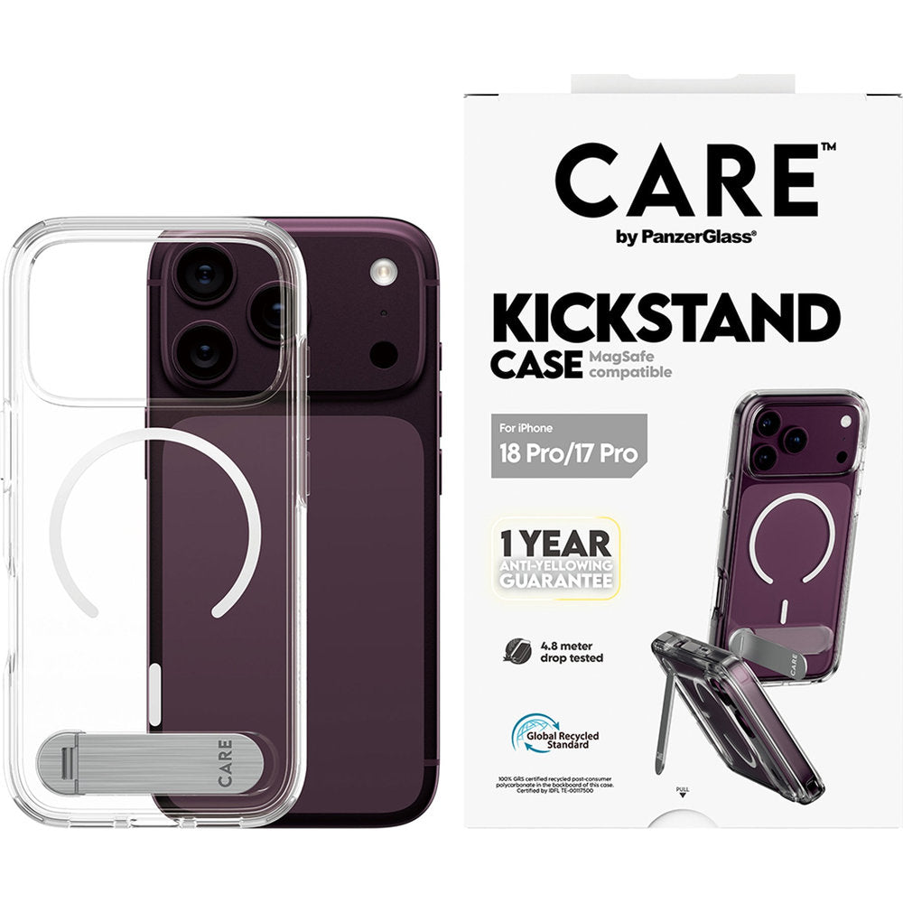 Handyhülle für iPhone 18 Pro / 17 Pro, CARE by PanzerGlass Kickstand Case mit MagSafe, Transparent-Weiß (2/7)