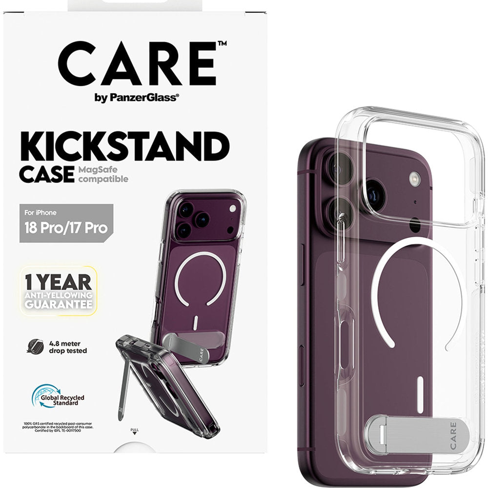 Handyhülle für iPhone 18 Pro / 17 Pro, CARE by PanzerGlass Kickstand Case mit MagSafe, Transparent-Weiß (6/7)