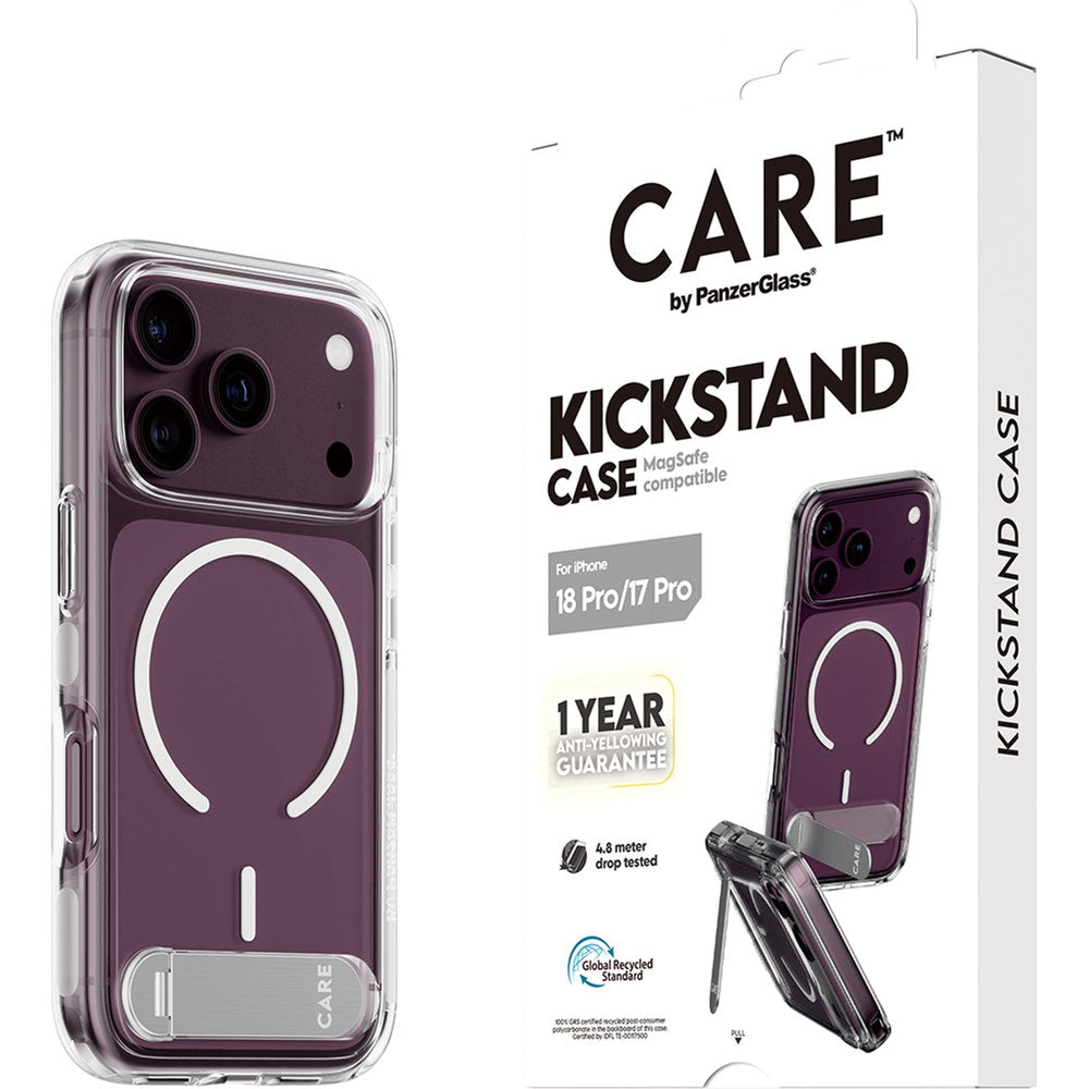 Handyhülle für iPhone 18 Pro / 17 Pro, CARE by PanzerGlass Kickstand Case mit MagSafe, Transparent-Weiß (7/7)