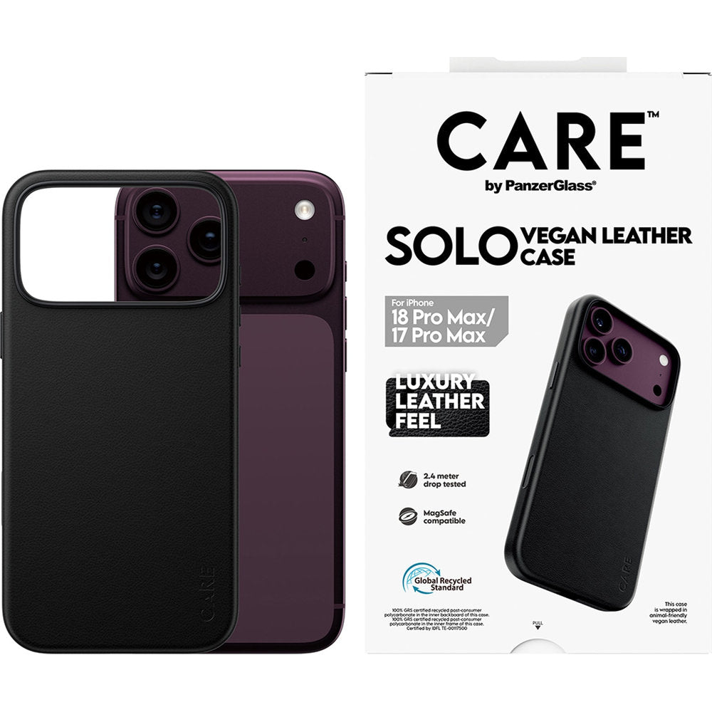 Handyhülle aus veganem Leder für iPhone 18 Pro Max / 17 Pro Max, CARE by PanzerGlass Solo Vegan Leather Case mit MagSafe, Schwarz (2/6)