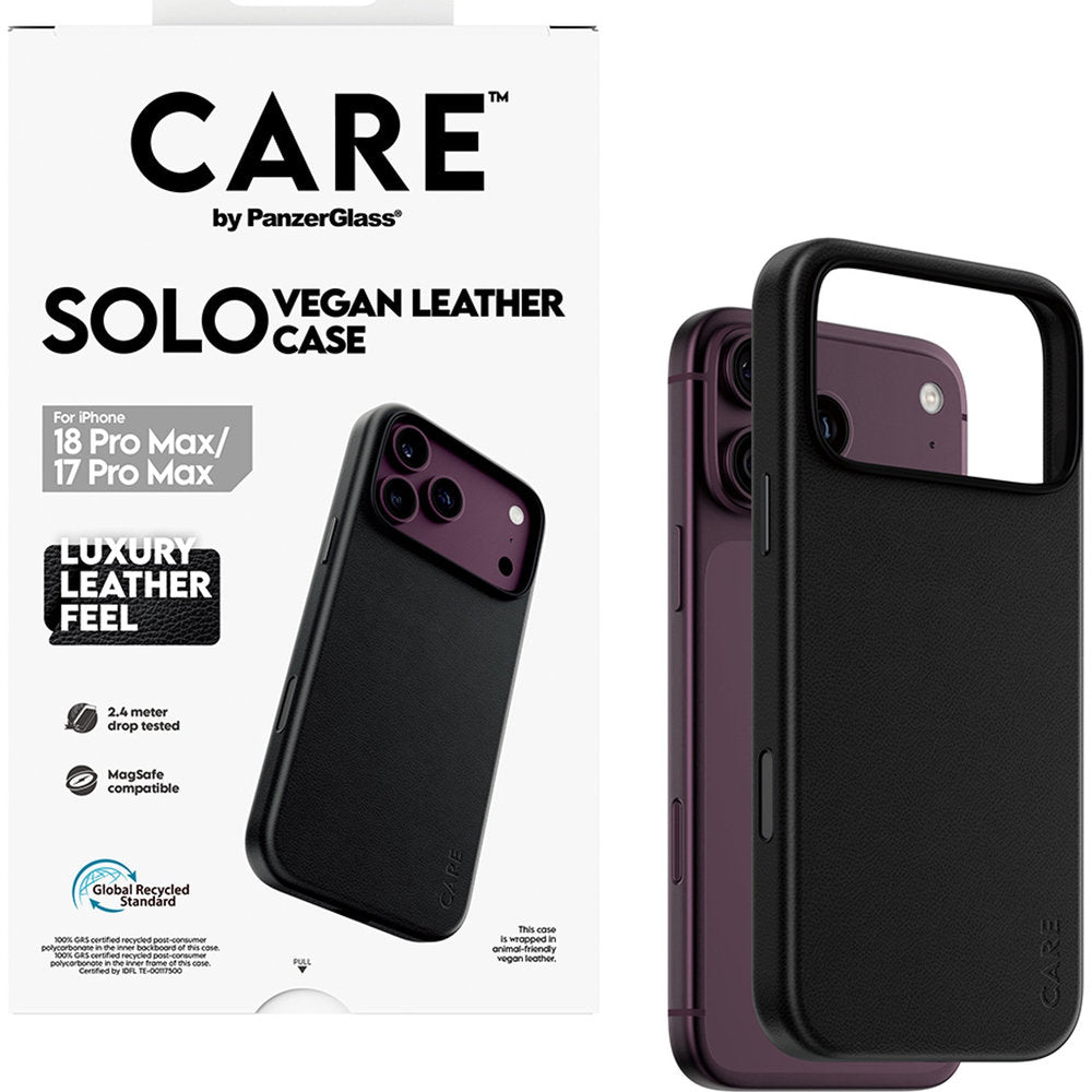 Handyhülle aus veganem Leder für iPhone 18 Pro Max / 17 Pro Max, CARE by PanzerGlass Solo Vegan Leather Case mit MagSafe, Schwarz (5/6)