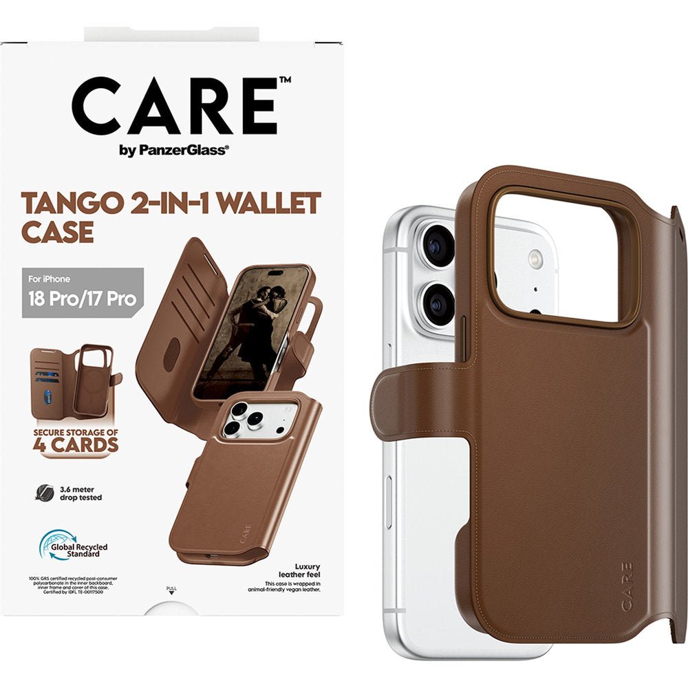 Handyhülle für iPhone 18 Pro / 17 Pro, CARE by PanzerGlass Tango 2in1 Wallet mit MagSafe, Braun (5/6)