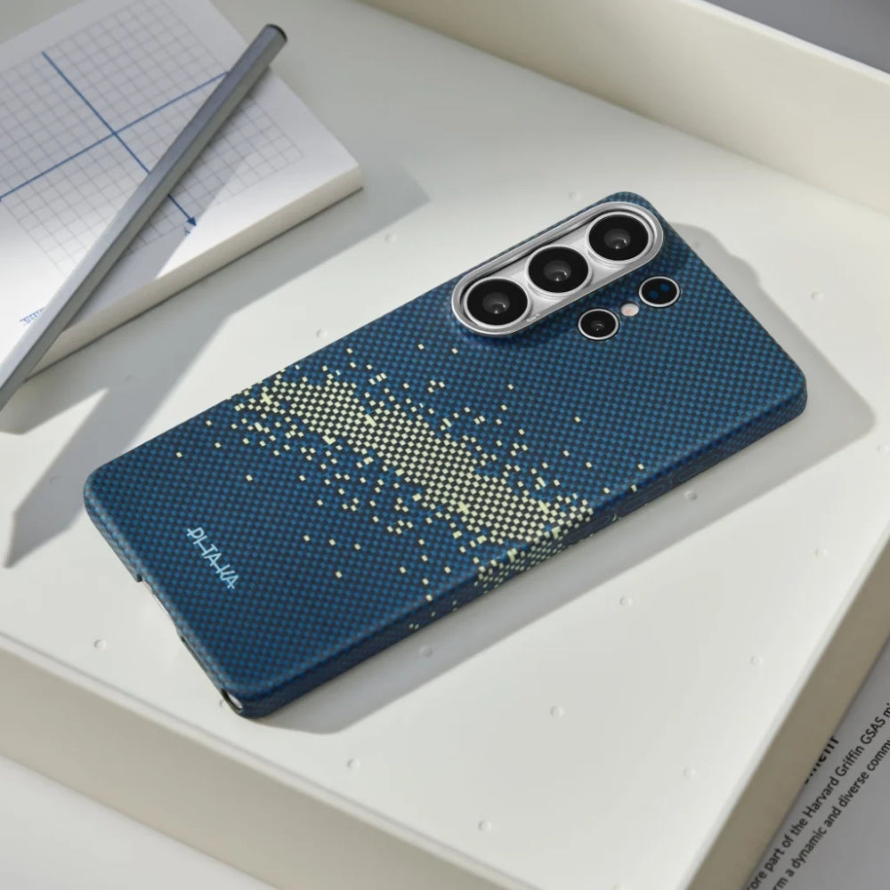 Aramid Handyhülle für Galaxy S26 Ultra, Pitaka Edge Case, mit programmierbaren Tasten Aaron Button, mit MagSafe, Grün und Gelb mit Kevlar (2/5)