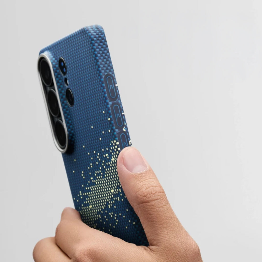 Aramid Handyhülle für Galaxy S26 Ultra, Pitaka Edge Case, mit programmierbaren Tasten Aaron Button, mit MagSafe, Grün und Gelb mit Kevlar (4/5)