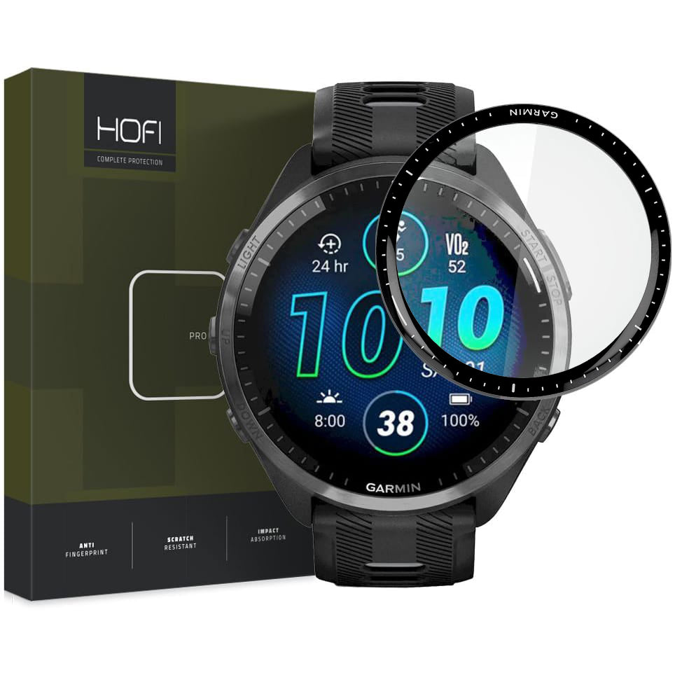 Gehärtetes Glas Hofi Hybrid Pro+ für Garmin Forerunner 965, Schwarzer Rahmen