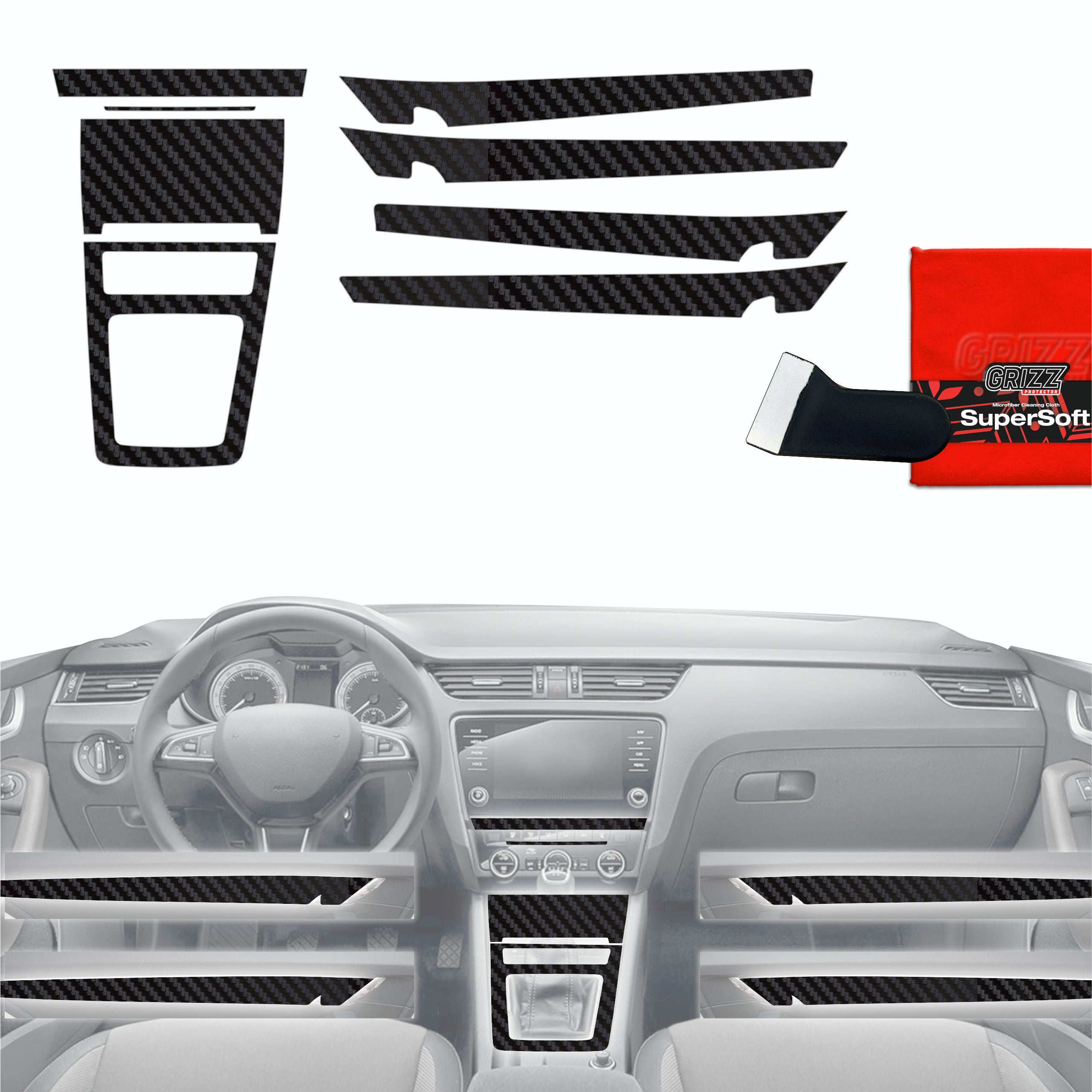8in1 Schutzfolien Grizz Protector für Mittelkonsole & Armaturenbrett - Skoda Octavia 3 (2017-2020) Carbon Optik Matt Antifingerprint