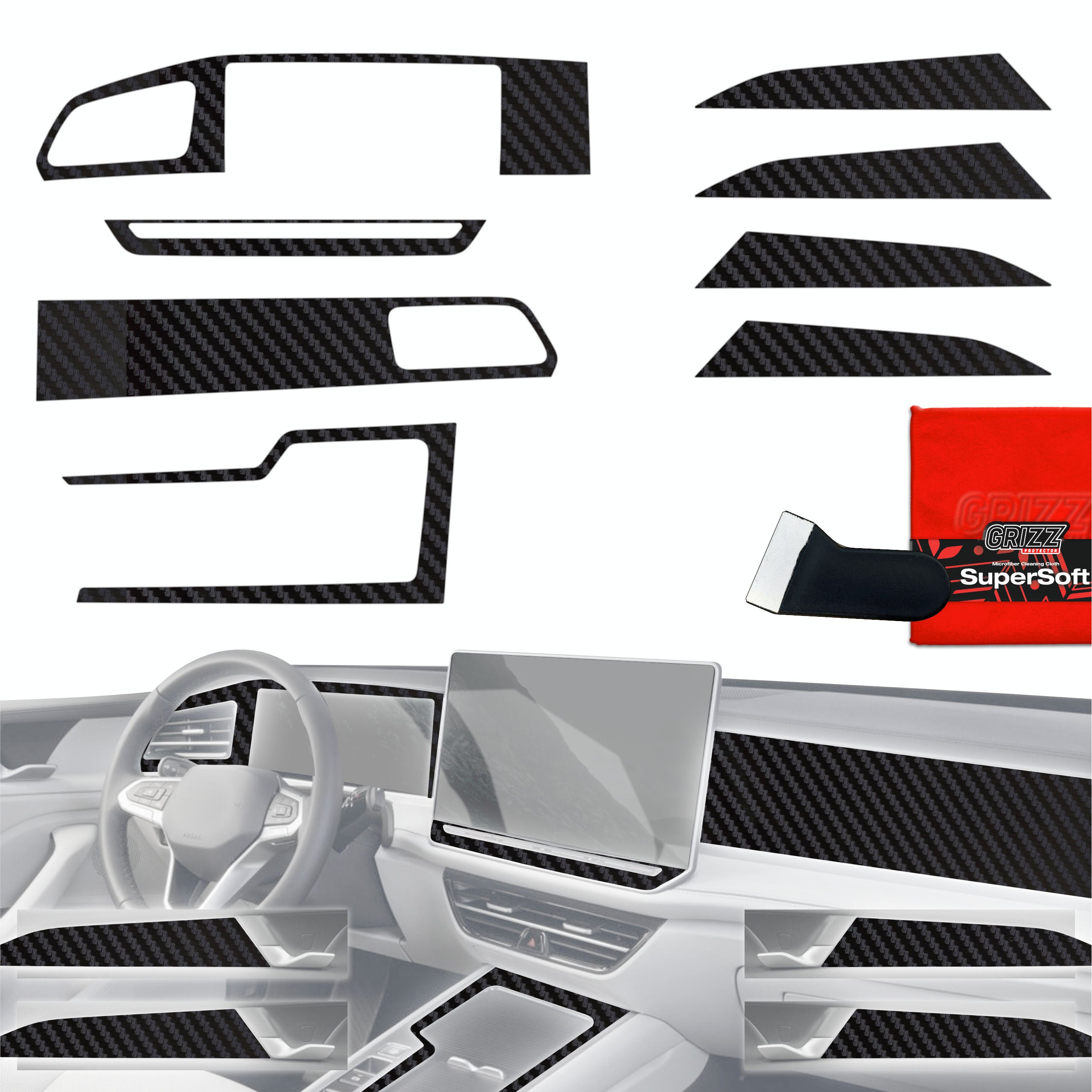 8in1 Schutzfolien Grizz Protector für Mittelkonsole & Armaturenbrett - Volkswagen Passat B9 15" (2024-2026) Carbon Optik Matt Antifingerprint