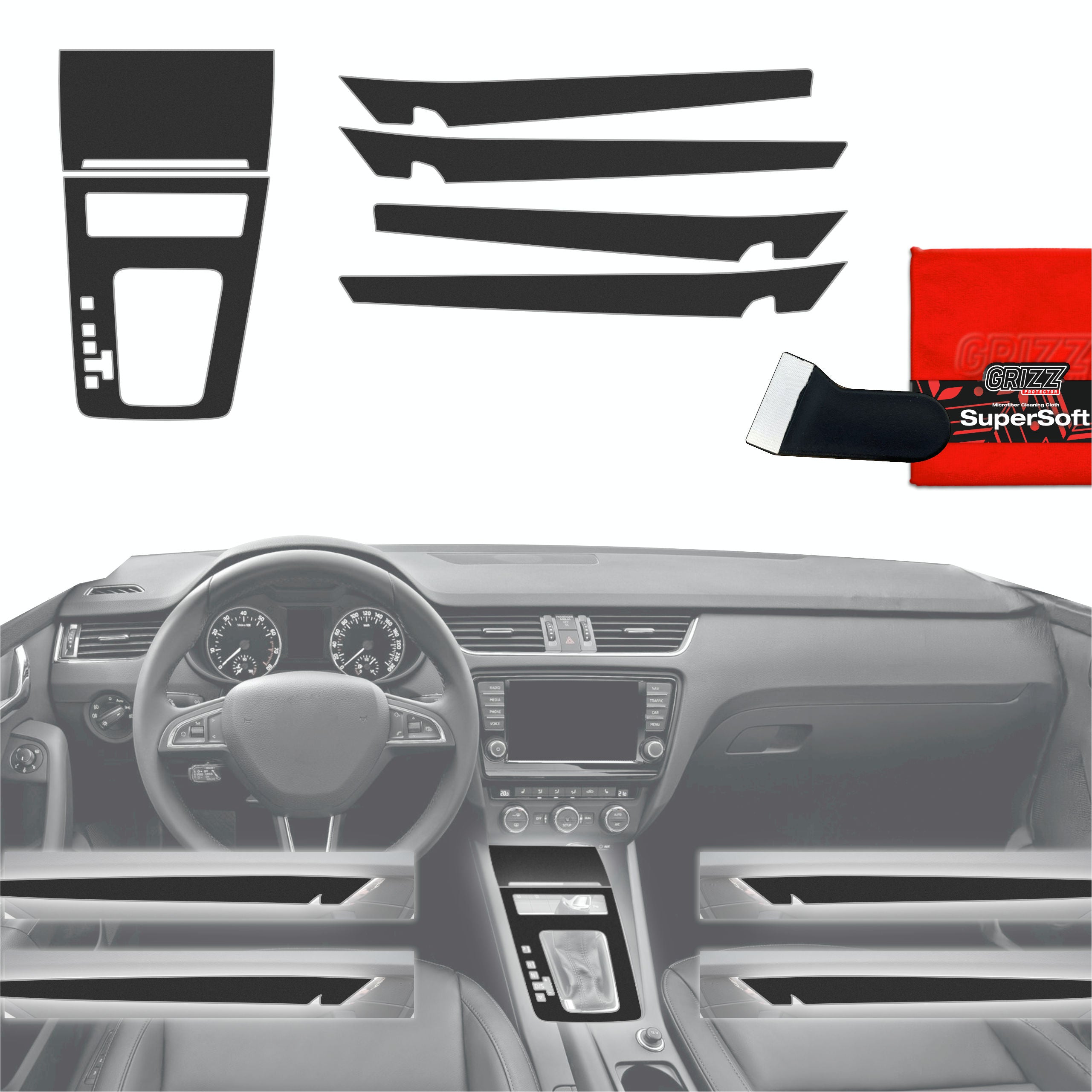 6in1 Schutzfolien Grizz Protector für Mittelkonsole & Armaturenbrett - Skoda Octavia 3 DSG (2017-2020) Carbon Optik Glanz