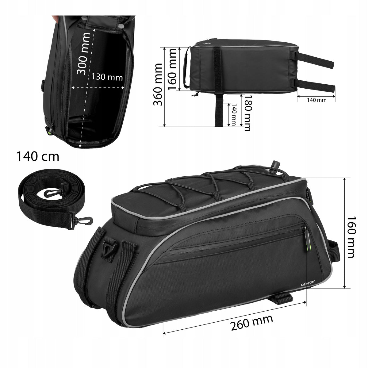 Fahrradtasche für den Gepäckträger mit Seitentaschen, Vayox VA0448 10L, Schwarz