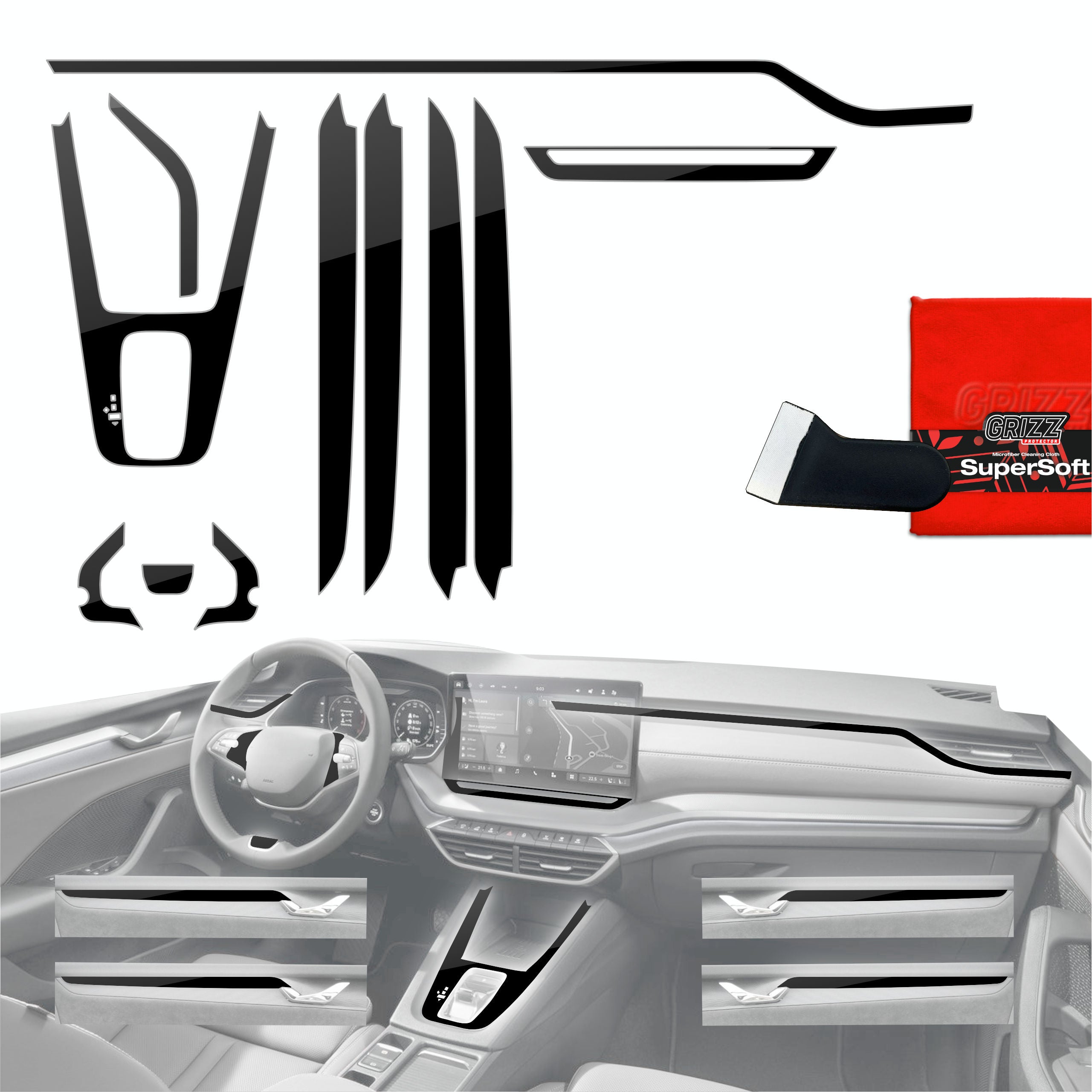 11in1 Schutzfolien Grizz Protector für Mittelkonsole & Armaturenbrett - Skoda Octavia 4 10" Facelift (2024-2026) Schwarz Glanz