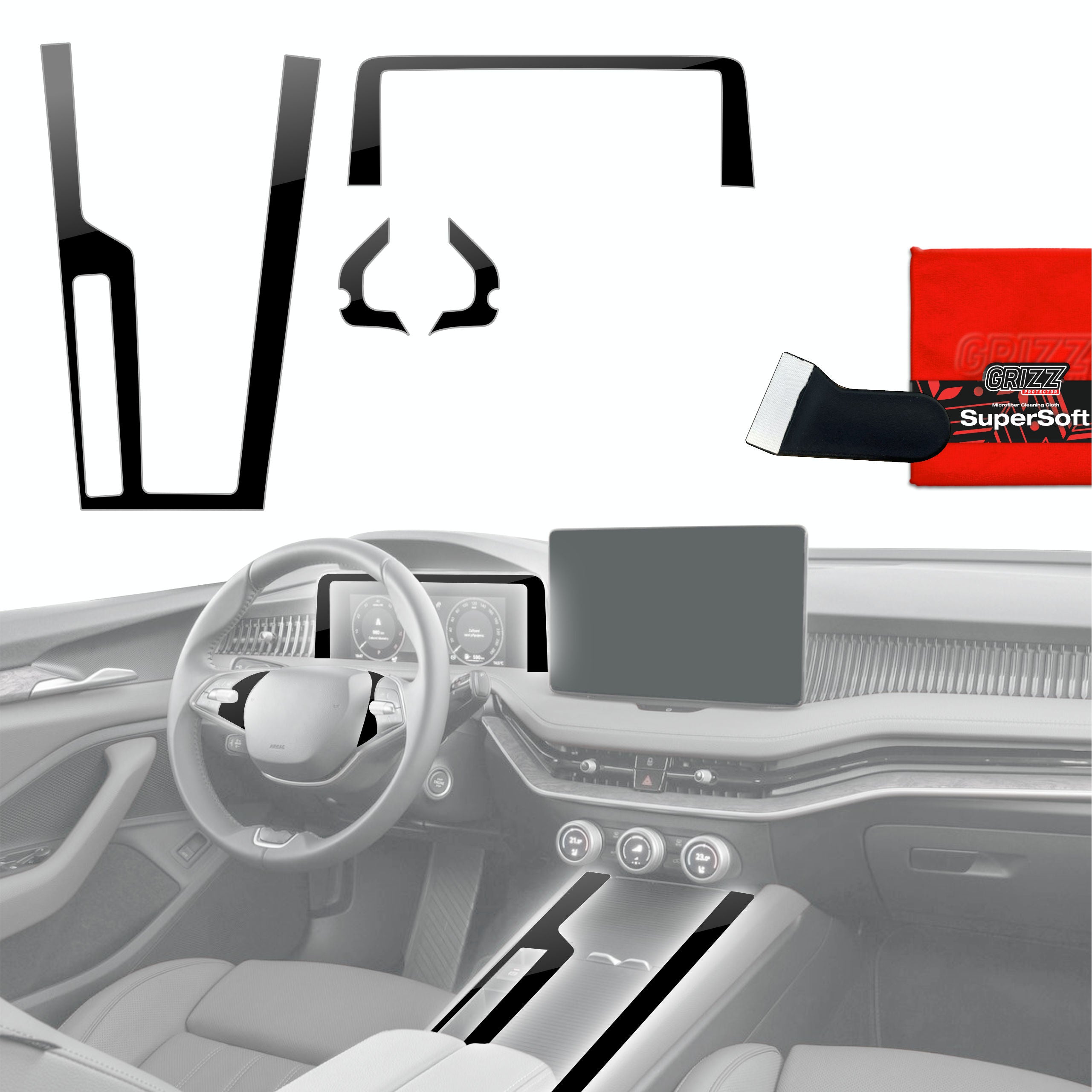 4in1 Schutzfolien Grizz Protector für Mittelkonsole & Armaturenbrett - Skoda Superb 4 (2024-2026) Schwarz Glanz