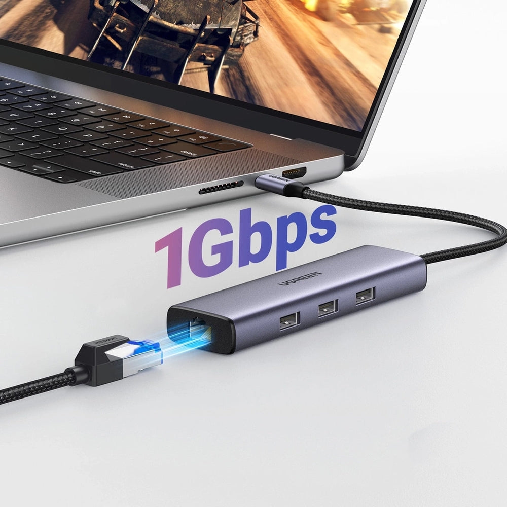 Adapter USB-C 6-in-1, 3x USB-A, HDMI 4K, RJ45, Power Delivery 100 W, Ugreen CM512, Grau
