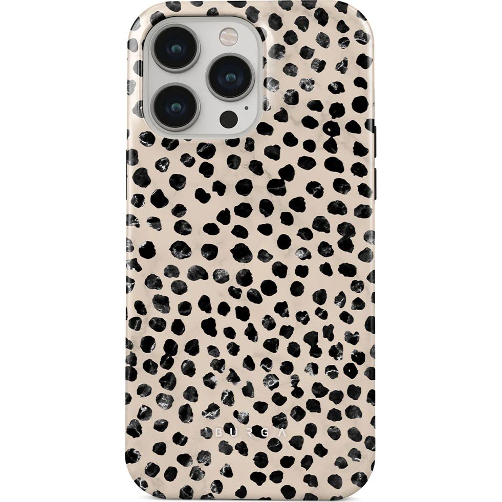 Schutzhülle Burga Almond Latte Tough Magsafe für iPhone 15 Pro, Beige mit schwarzen Punkten