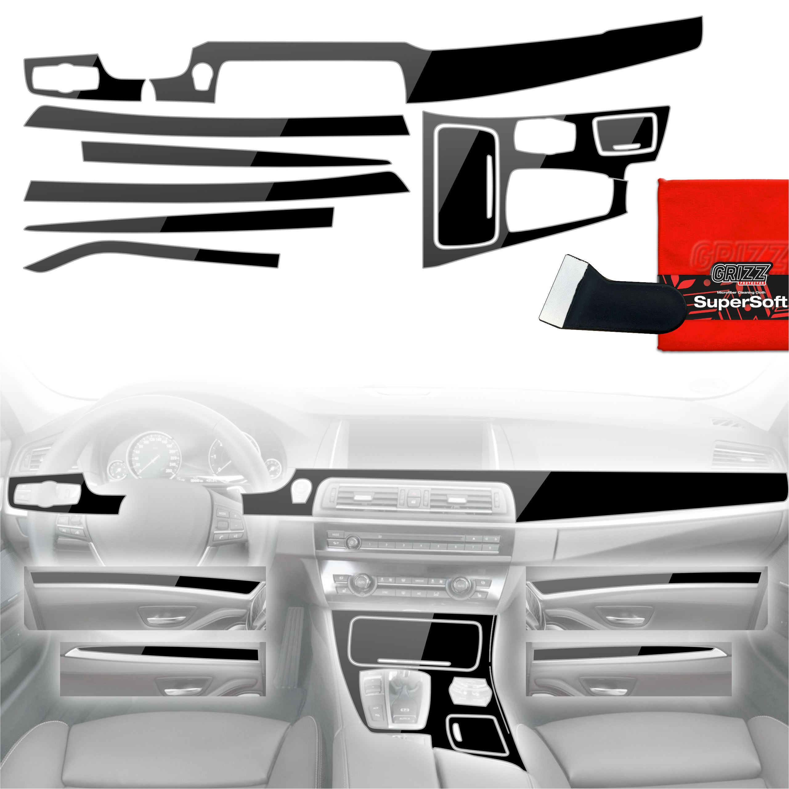 8in1 Schutzfolien Grizz Protector für Mittelkonsole & Armaturenbrett - BMW 5 F10 (2012-2017) Schwarz Glanz