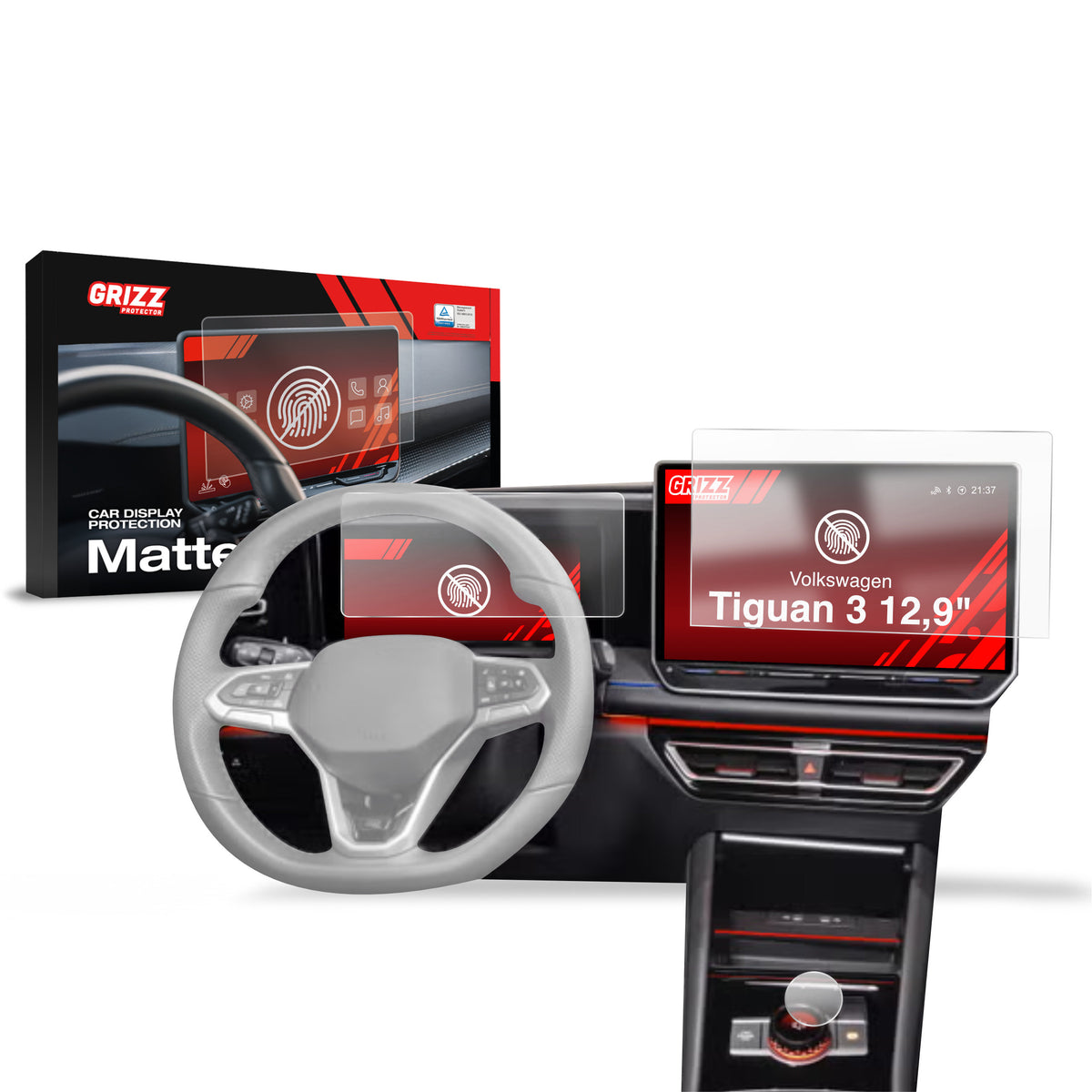 Matte Autodisplayfolie 3in1 für Volkswagen Tiguan 3 12,9" (2024-2026), Grizz Protector