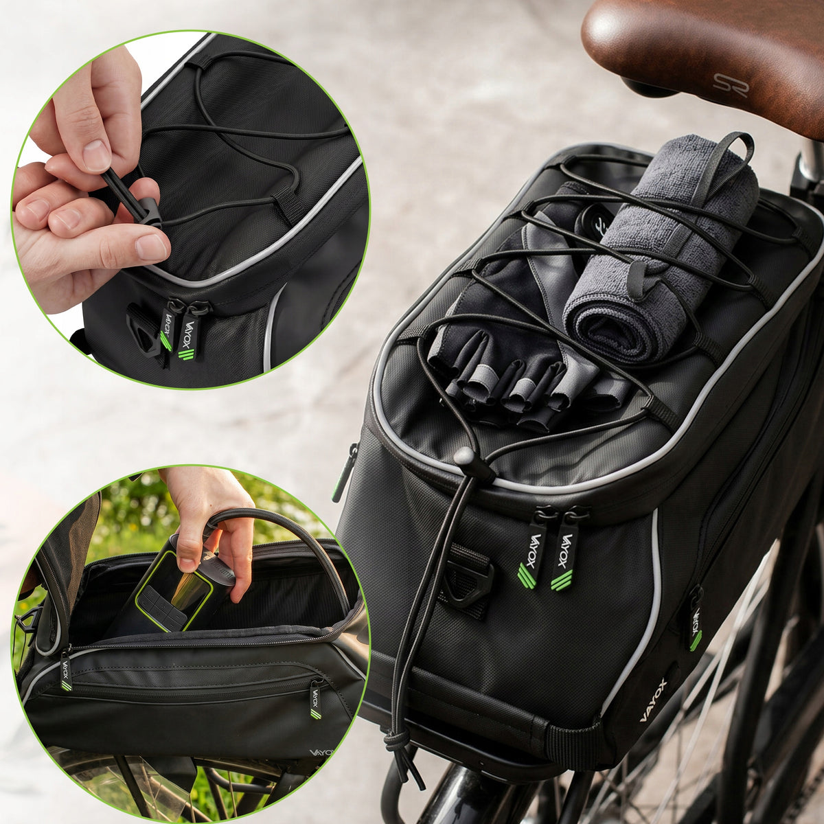 Fahrradtasche für den Gepäckträger mit Seitentaschen, Vayox VA0448 10L, Schwarz