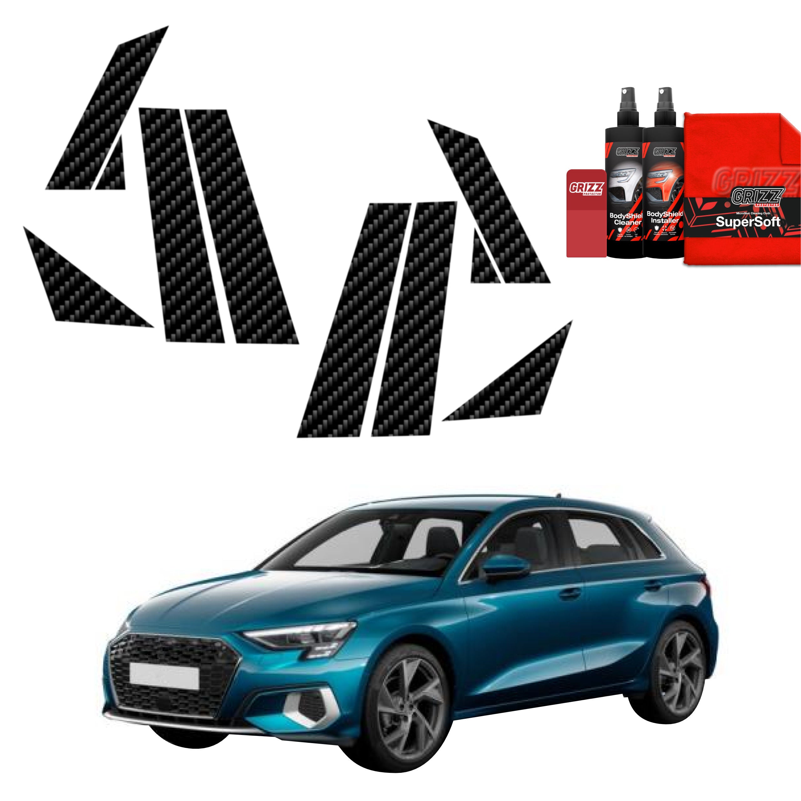 8in1 Kohlenstoff Schutzfolie Grizz Protector für A-B-C-Säule - Audi A3 8Y Sportback (2020-2023)