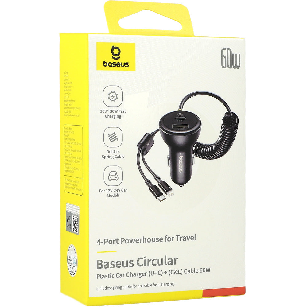Autoladegerät 1x USB-A, 1x USB-C PD 3.0, 60W + kabel Lightning, USB-C, Baseus Circular, Schwarz