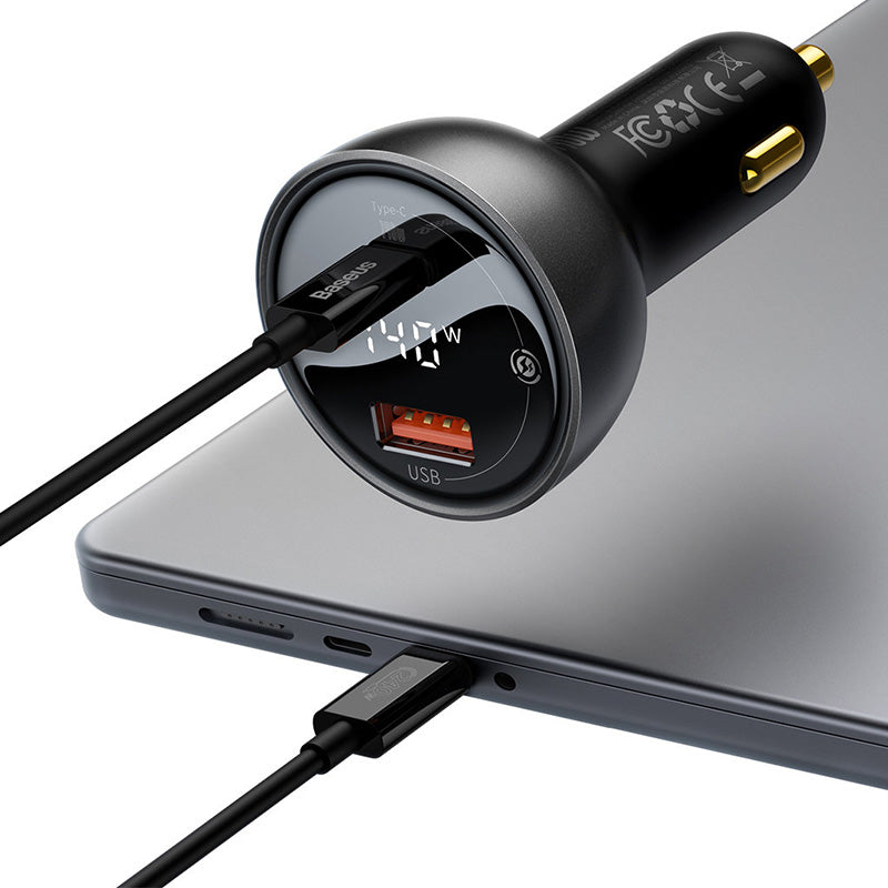 Autoladegerät Baseus Digital Display 140W, USB-A, USB-C + Kabel USB-C 5A 240W, Schwarz