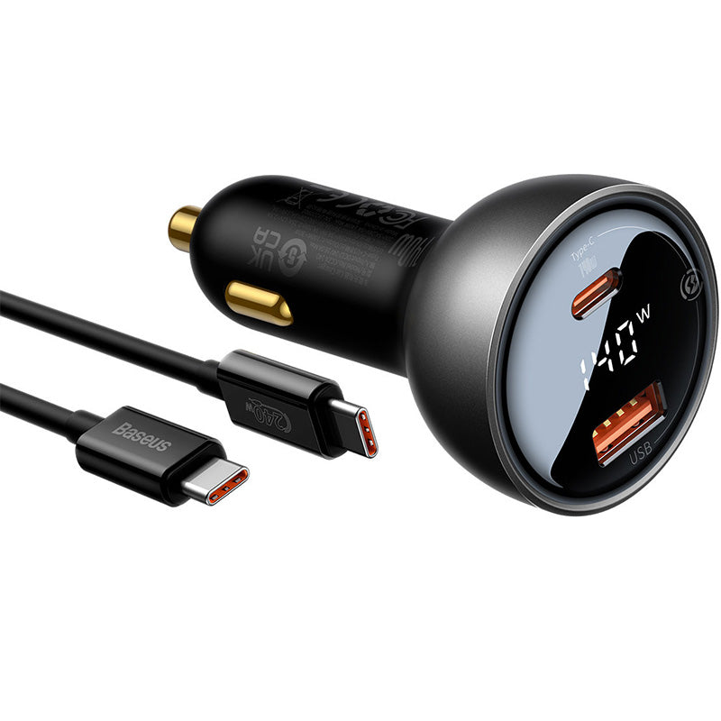 Autoladegerät Baseus Digital Display 140W, USB-A, USB-C + Kabel USB-C 5A 240W, Schwarz