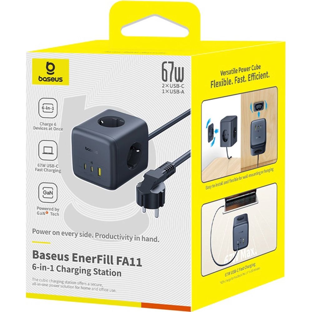 Steckdosenleiste / Verlängerungskabel 3x AC EU Schuko, 1x USB-A, 2x USB-C 67W, mit 1,5 m Kabel, Baseus EnerFill FA11, Schwarz