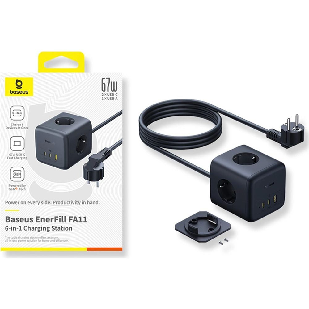 Steckdosenleiste / Verlängerungskabel 3x AC EU Schuko, 1x USB-A, 2x USB-C 67W, mit 1,5 m Kabel, Baseus EnerFill FA11, Schwarz