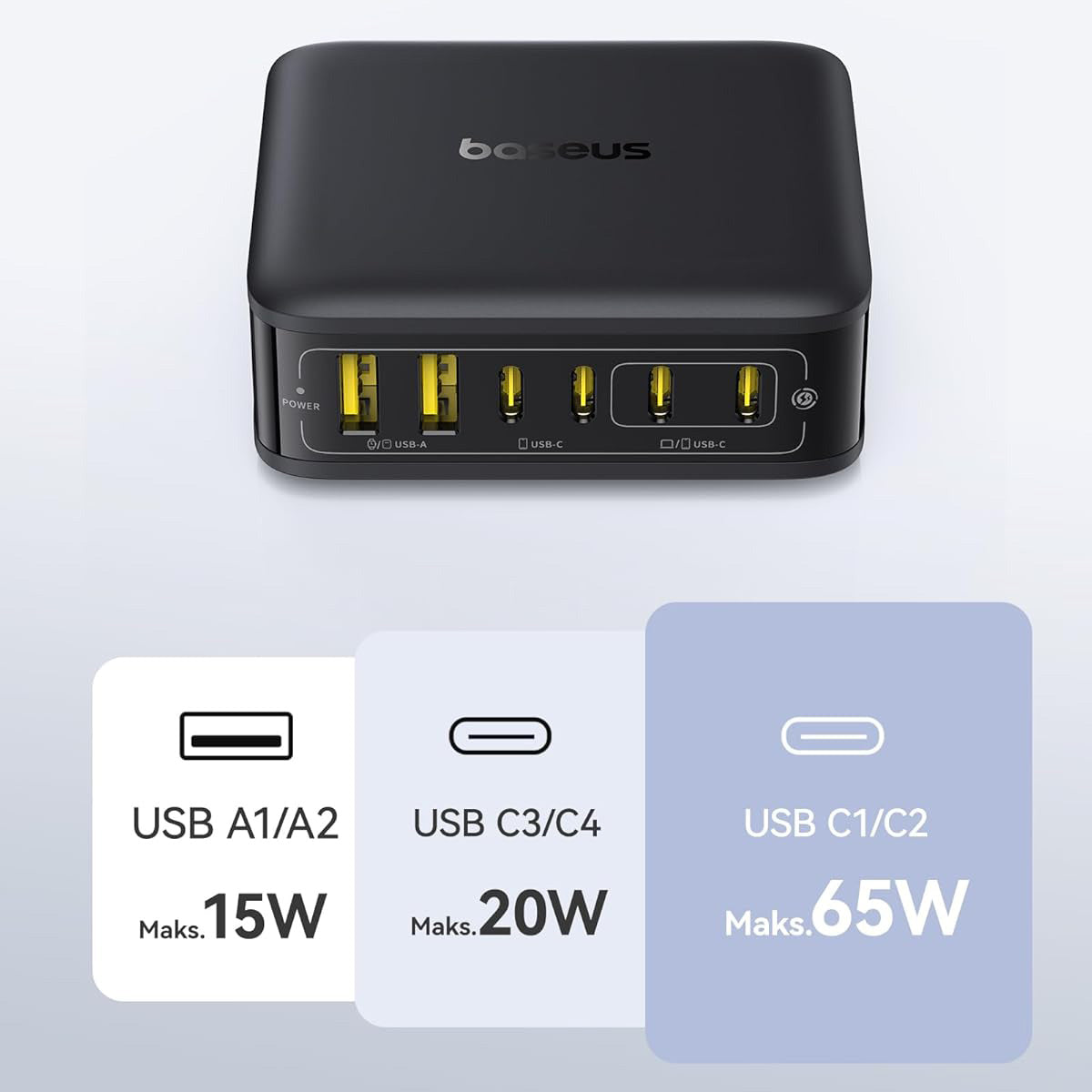 GaN-Ladestation, Tischladegerät 120 W, 4x USB-C / 2x USB-A, Baseus EnerFill FH21, Schwarz