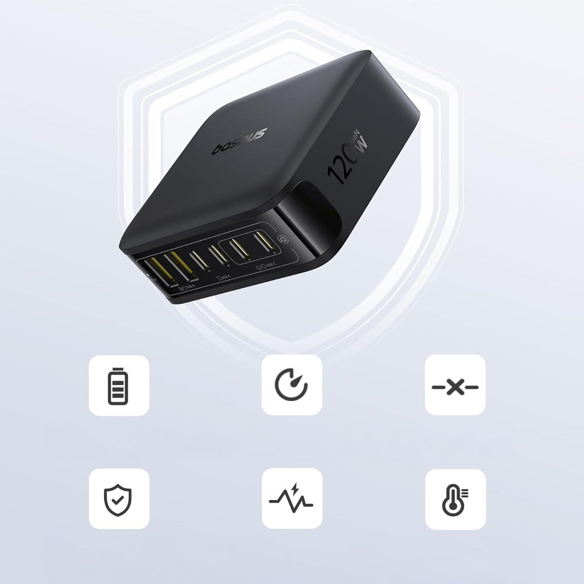 GaN-Ladestation, Tischladegerät 120 W, 4x USB-C / 2x USB-A, Baseus EnerFill FH21, Schwarz